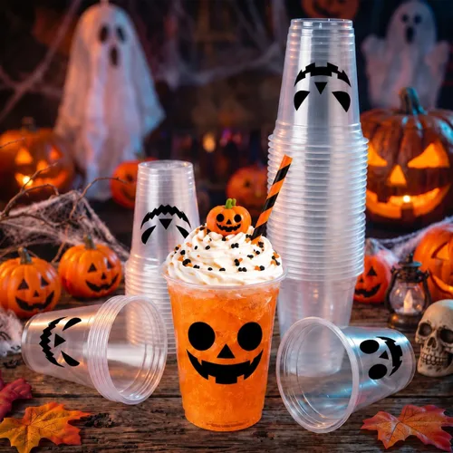 Vista 4 de 50 Pcs Halloween Plastic Cups 12oz Black Pumpkin Face Disposable Clear Cups Set with 3 Styles Patterns for Halloween Trick or Treat Birthday Party