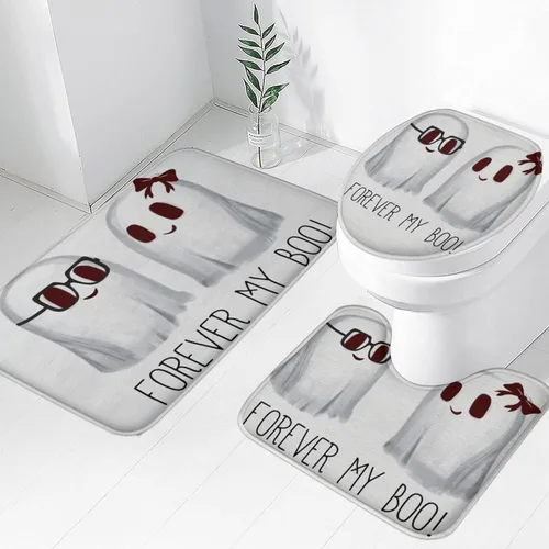 Vista 16 de Juego de 3 tapetes de baño de Halloween de bienvenida, diseño de fantasma, boo, gato, bruja, murciélago, calabaza, juego de alfombrillas de baño