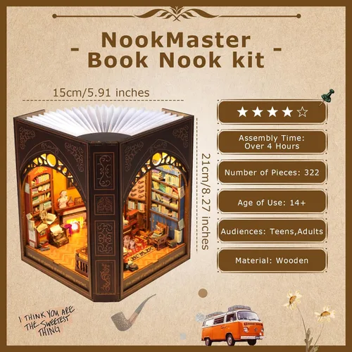 Vista 2 de Kit de rincón de libros para adultos y adolescentes – Rompecabezas de casa de muñecas de madera 3D DIY con luz LED, biblioteca de Mark Twain