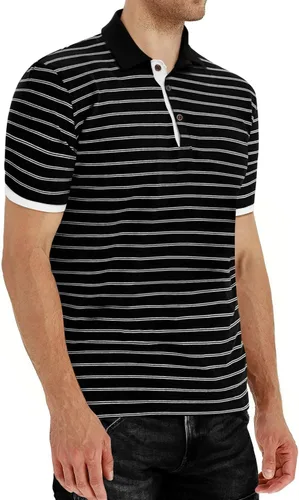 Vista 3 de MLANM Polo para hombre de manga cortalarga, informal, ajustado, diseño básico, a rayas, de algodón