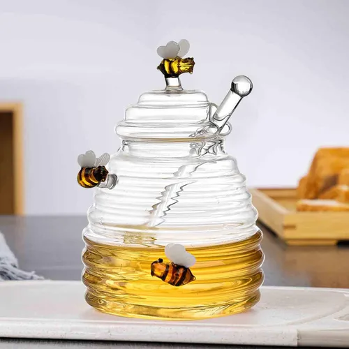Vista 2 de PHEZEN Tarros de miel con tapa y tapa con tapa y tarro grande de vidrio con estatua de abeja, recipientes de miel, dispensador de miel de vidrio