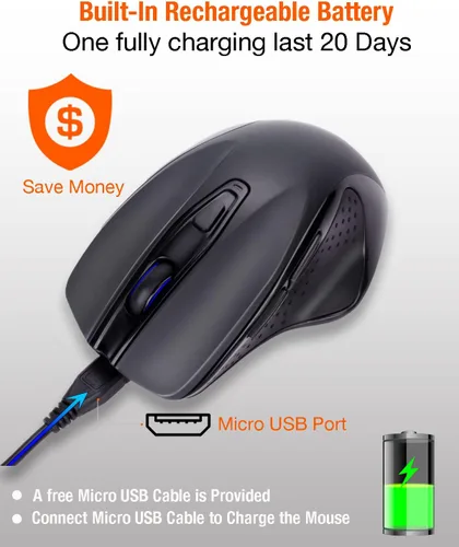 Vista 6 de Ratón inalámbrico USB C, ergonómico de gran tamaño, recargable para juegos y oficina con 4 ajustes de DPI de nivel, 6 botones, para MacBook Pro