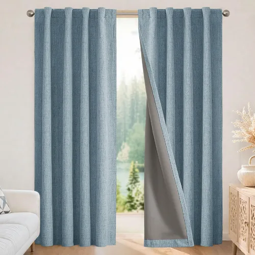 Vista 17 de Joydeco - Cortinas 100% opacas, 2 paneles de lino natural para oscurecer habitación, aislamiento térmico, trabillas traseras y bolsillo para barra