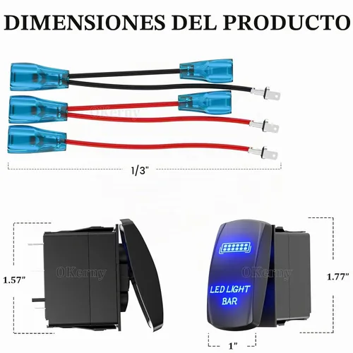 Vista 6 de Interruptor basculante con luz LED de barra, interruptor de palanca grabado con láser ENCENDIDO/APAGADO SPST de 5 pines 12V 24V cables de puente