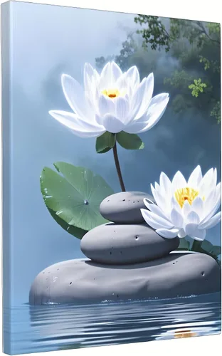 Vista 9 de Lwlaboc Lienzo Zen Impresiones de arte de pared de loto azul marino, flores de loto blanco y mariposa, decoración de pared para meditación