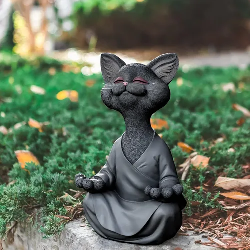 Vista 6 de JFSM INC. Estatua de Buda de jardín de gato feliz de 12 pulgadas, estatua de gato de resina para interiores y exteriores, escultura de animales