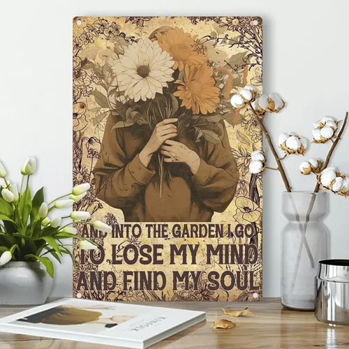 Vista 2 de Letreros de aluminio de hojalata vintage con texto en inglés "Into The Garden I Go to Lose My Mind and Find My Soul" divertido letrero retro