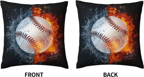 Vista 2 de Funda de almohada cuadrada con diseño de pelota de béisbol con diseño de fuego y agua, funda de cojín decorativa, regalos para niños y hombres, sala