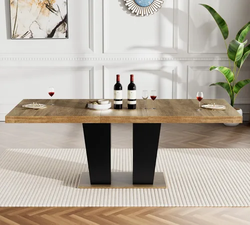 Vista 9 de Henf Juego de mesa de comedor extensible de 78 pulgadas para 6 mesas rectangulares de madera de 7 piezas con 6 sillas tapizadas de terciopelo, mesa