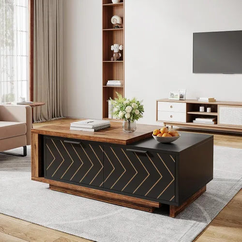 Vista 4 de Tribesigns - Mesa de café extensible con 2 cajones de almacenamiento, mesa central de dos tonos con tablero deslizante, mesa de cóctel rectangular