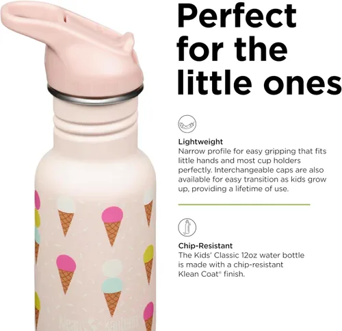 Vista 3 de Klean Kanteen Botella de Agua Clásica para Niños de 12 oz con Tapa Deportiva Flip Seal y Pajita - Tapa 100% A Prueba de Fugas - Material de Acero