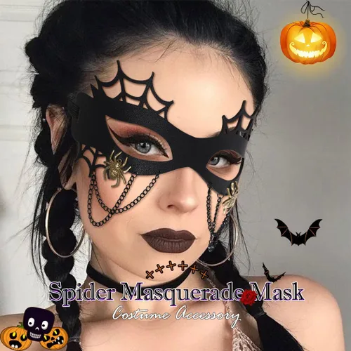 Vista 3 de Nicute Máscara de cuero negro para mujer, máscara de calavera para mascarada, máscaras faciales de flores, máscara de Halloween, fiesta de cosplay