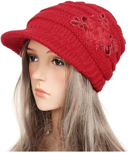 Vista 17 de C-US - Gorro de punto cálido para mujer, con visera de ganchillo con acento de flores