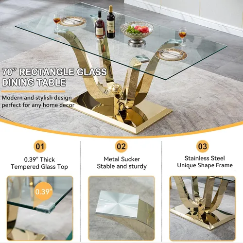 Vista 4 de Moderno juego de mesa de comedor de cristal de 5 piezas para 4, 70 pulgadas rectangular con 4 sillas copetudas de terciopelo beige, juego de mesa