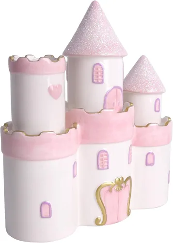 Vista 2 de Vencer Alcancía grande de cerámica de castillo de princesa para niñas y niños, alcancía para niños, alcancía para niños, rosa, gran juguete