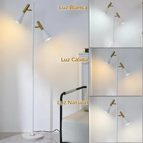 Vista 8 de Elegante lámpara de pie moderna con 2 cabezales ajustables, lámparas de pie blancas y doradas con base de mármol, luz vertical de poste alto Blanco