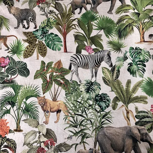 Vista 2 de Safari Zoo - Tela con estampado digital de animales africanos, selva tropical, palmera, hoja de flores, aspecto de lino, 54 pulgadas de ancho