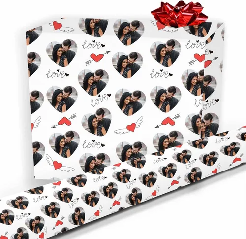 Vista 20 de Artsadd Papel de regalo personalizado con texto con imagen para aniversario, día de San Valentín, papel de regalo con foto personalizada con corazón