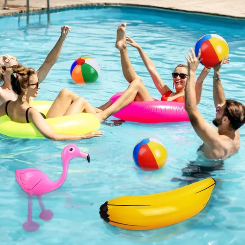 Vista 5 de Ruisita Juego inflable de 57 piezas para fiesta Luau, incluye palmeras inflables, plátano, bolas de playa, flamenco, juguetes de flamenco, loro