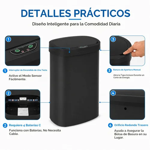 Vista 6 de Bote de basura sin contacto de 13 galones, negro, plástico PP Azul