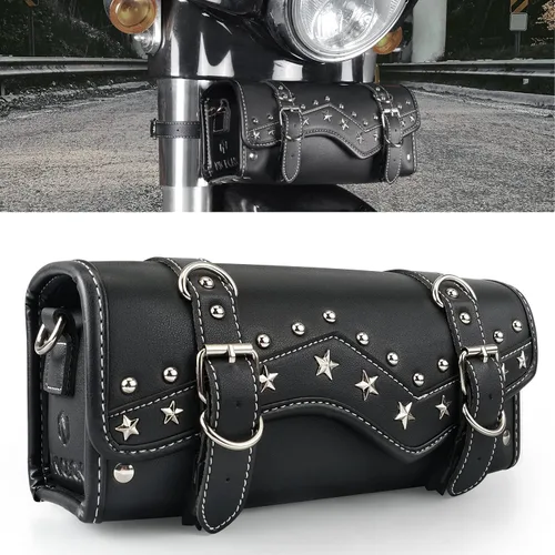Vista 10 de NICECNC Bolsa de horquilla para motocicleta - Bolsa universal de herramientas de cuero PU con correas reforzadas, impermeable, negra