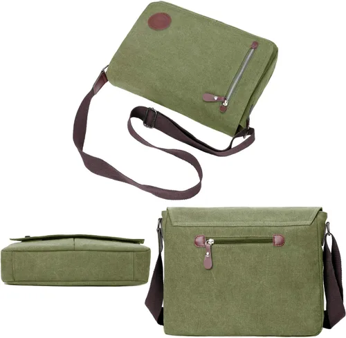 Vista 8 de Bolso bandolera de lona vintage para hombres y mujeres, bolsa de hombro de viaje para laptop de 13.5 pulgadas, bolsa para libros (verde militar)