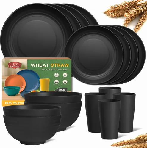 Vista 10 de Teivio Juego de vajilla de plástico de paja de trigo de 16 piezas, servicio para 4, platos de cena, plato de postre, tazones para cereales, tazas