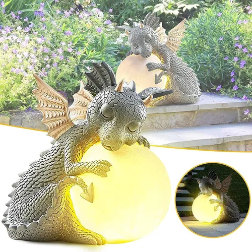Vista 4 de G Ganen Estatua de dragón de jardín, esculturas de dinosaurio de resina para exteriores, bonitas figuras de dragón de jardín con luces LED