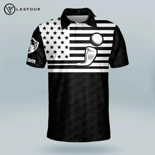 Vista 2 de LASFOUR Camisas de golf divertidas personalizadas para hombres, camisas de golf locas para hombres, camisas de golf con bandera de Estados Unidos