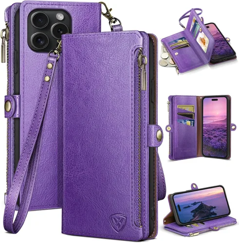 Vista 8 de XcaseBar Funda tipo cartera para iPhone 15 Pro Max de 6.7 pulgadas con cremallera para tarjetas de crédito y bloqueo RFID, funda protectora de piel