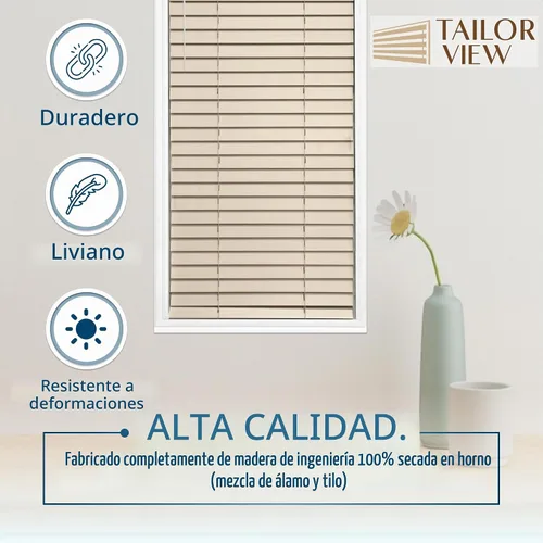 Vista 4 de TailorView Cortinas de ventana horizontales de madera personalizables sin cordón - Paletas de 2 pulgadas - Alabastro - Montaje interior o exterior.