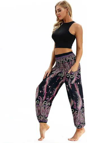 Vista 3 de Plustrong Pantalones tipo harén de cintura fruncida para mujer, estilo hippie, bohemio, para yoga, palazzo, pantalones casuales con bolsillos