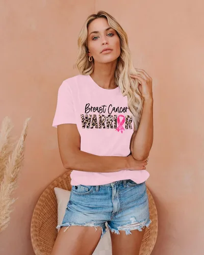 Vista 3 de Camisetas de concientización sobre el cáncer de mama para mujer, camiseta de guerrero contra el cáncer, camiseta de manga corta con gráfico de cinta