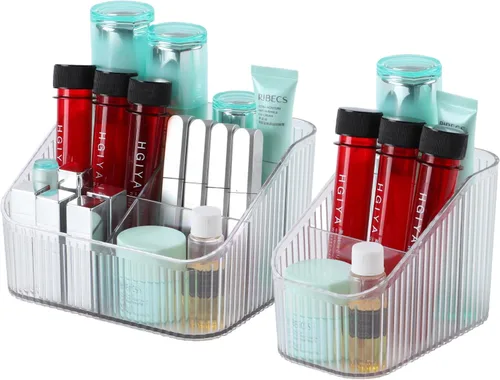 Vista 14 de Organizador de brochas de maquillaje ámbar para tocador, organizador de encimera de baño, 5 tazas, almacenamiento y exhibición de artículos