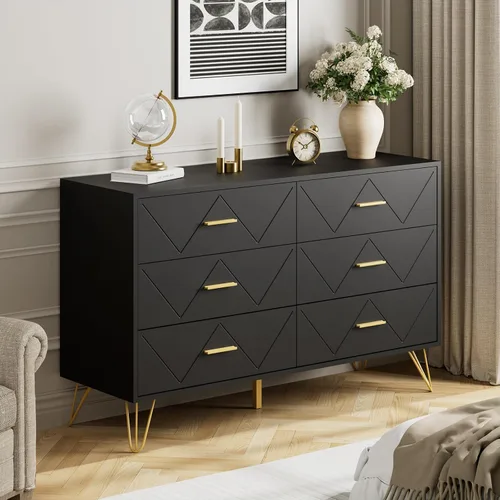 Vista 4 de JOZZBY Cómoda para dormitorio, cómoda de madera negra de 6 cajones con asas doradas, cómodas de almacenamiento modernas y cómodas para pasillo
