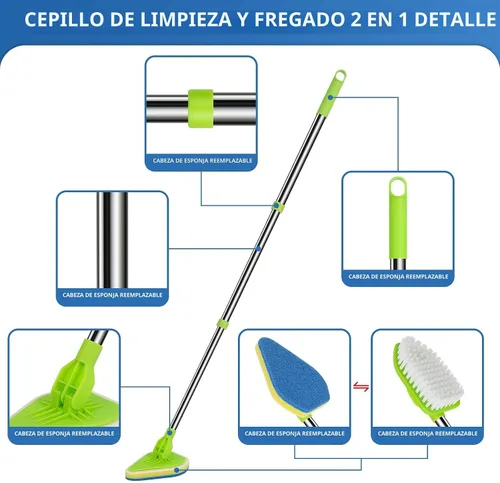 Vista 4 de Cepillo de Limpieza de Fregado 2 en 1 con mango extensible de 37 pulgadas de largo, 1 cerdas rígidas y 3 cepillos de esponja, limpiador de ducha