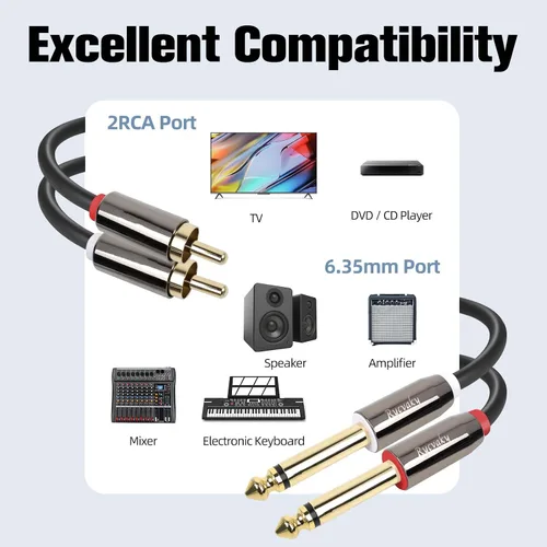 Vista 5 de Cable RCA a 1/4, cables TS duales de 1/4 pulgadas a RCA duales, 2 cables macho mono TS a 2 RCA macho, cable de interconexión de audio estéreo