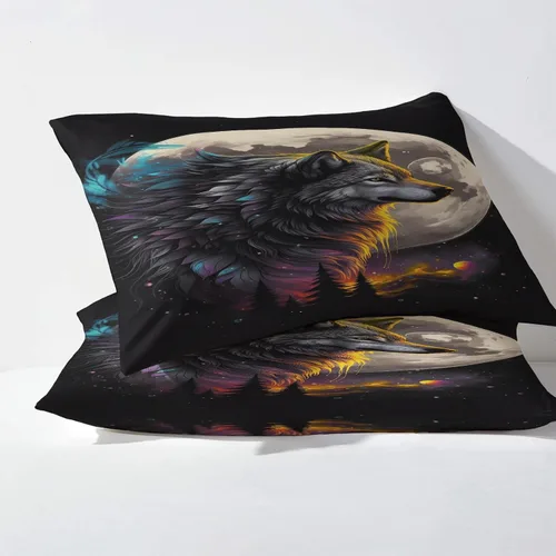 Vista 3 de Sábanas de lobo tamaño individual, sábanas de luna de lobo, sábanas y fundas de almohada estampadas de 3 piezas, sábana bajera ajustable