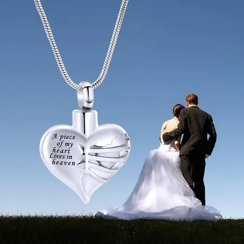 Vista 13 de Imrsanl Collar con dije de urna de cremación en forma de corazón para cenizas humanas – Un pedazo de mi corazón vive en el cielo
