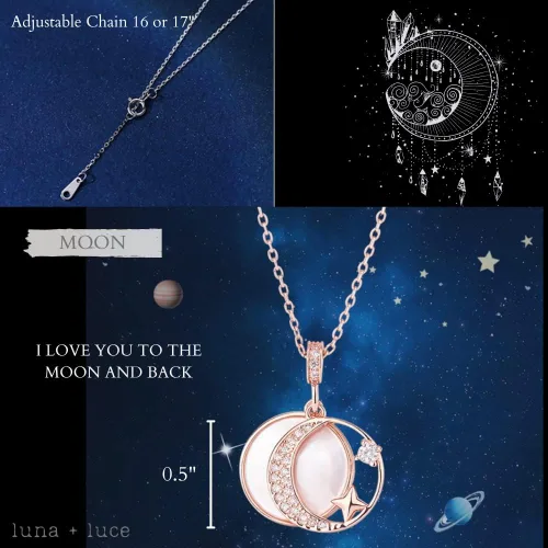 Vista 6 de Luna+ Collar con colgante de plata de ley 925 con media luna y media luna, circonita cúbica para mujeres y niñas, Plata esterlina, Circonia cúbica