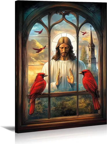 Vista 17 de Arte de pared de Jesús y cardenal, decoración de Cristo, cuadro enmarcado de Dios, pintura cristiana, inspiración religiosa, impresiones en lienzo
