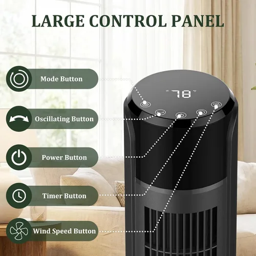 Vista 4 de Tower Fan for Bedroom, Bladeless Cooling Fan with Remote, 60° Oscillating Standing Fan with 28dB Quiet for Sleep, 12H Timer, 5 Speeds 4 Modes, LED