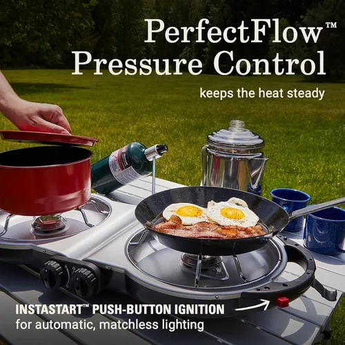 Vista 3 de Coleman Fold ‘N Go 2-Burner Propane Stove, Dual Adjustable Burners with 20,000 BTUs of Power & InstaStart Ignition, Great for Camping, Tailgating