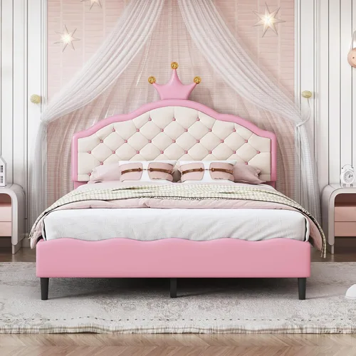 Vista 12 de Cama tapizada con diseño de arcoíris, cama de plataforma de princesa de terciopelo con cajón de almacenamiento, para niños, adolescentes, niños