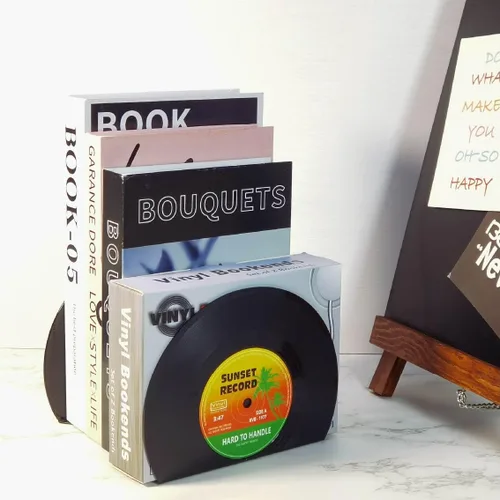 Vista 3 de Sujetalibros modernos para estantes, diseño de discos de vinilo retro, sujetalibros decorativos para amantes de la música, tapón decorativo