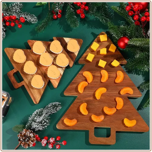 Vista 4 de Lallisa Tabla de madera para charcutería de árbol de Navidad con asas, tabla de cortar de acacia para cocina, queso, fruta, pan, aperitivos