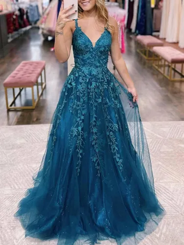 Vista 4 de Vestidos de fiesta de tul con purpurina para mujer, apliques de encaje, gwons de bola larga con tirantes delgados, vestidos de noche en línea A 2023