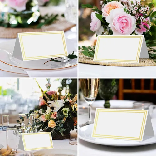 Vista 7 de 50 tarjetas de lugar premium, tarjetas de mesa de 2 x 3.5 pulgadas con borde dorado