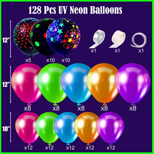 Vista 2 de Kit de arco de globos de neón UV que brillan en la oscuridad, globos de arco iris, rojo, azul, amarillo, verde, suministros de fiesta fluorescentes