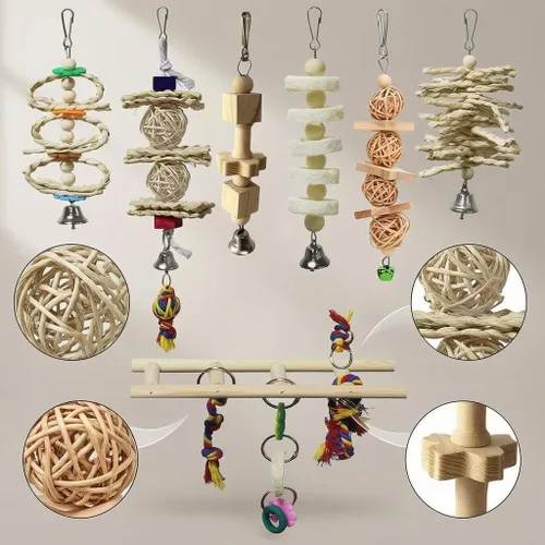 Vista 2 de Wooden Parrot & Parakeet Toys, Multi-Pack Bird Toy Set, Cage Accessories with Perch, 7 Piece Set Style 1